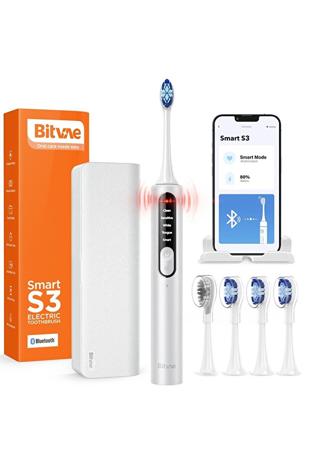 BV S3 Sonic Electric Toothbrush, Pressure Sensor, 8 Heads (White)