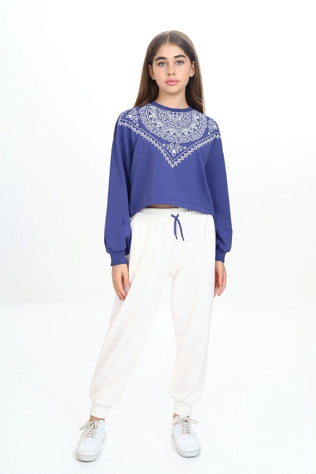 Girl's Two Yarn Fabric Pattern Printed Crew Neck Purple White Bottom Top Set 6-7-8-9-10 Years Old