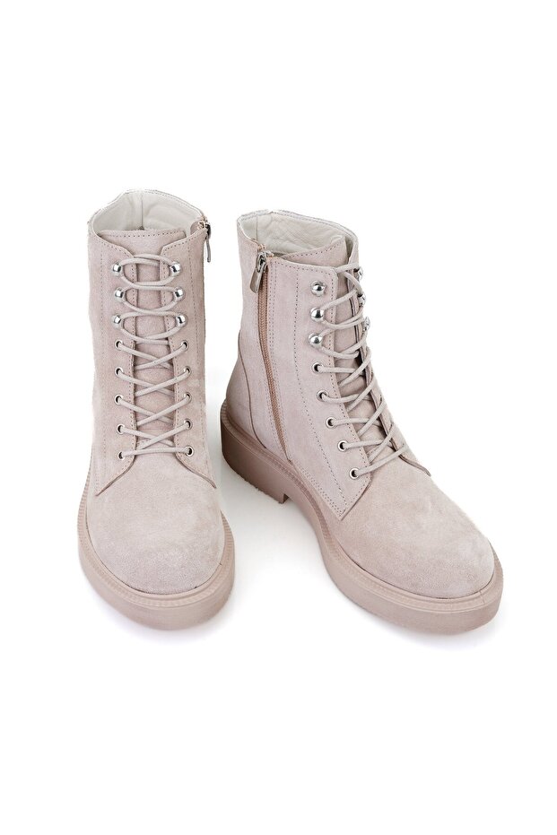 Kadın Bej Fermuarlı Deri Postal Bot - 4