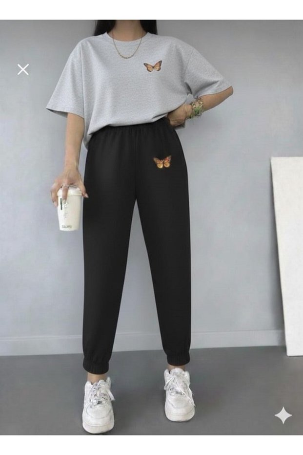 Women'S/Men's T-Shirt and Sweatpants Orange Butterfly Printed Top and Bottom Set