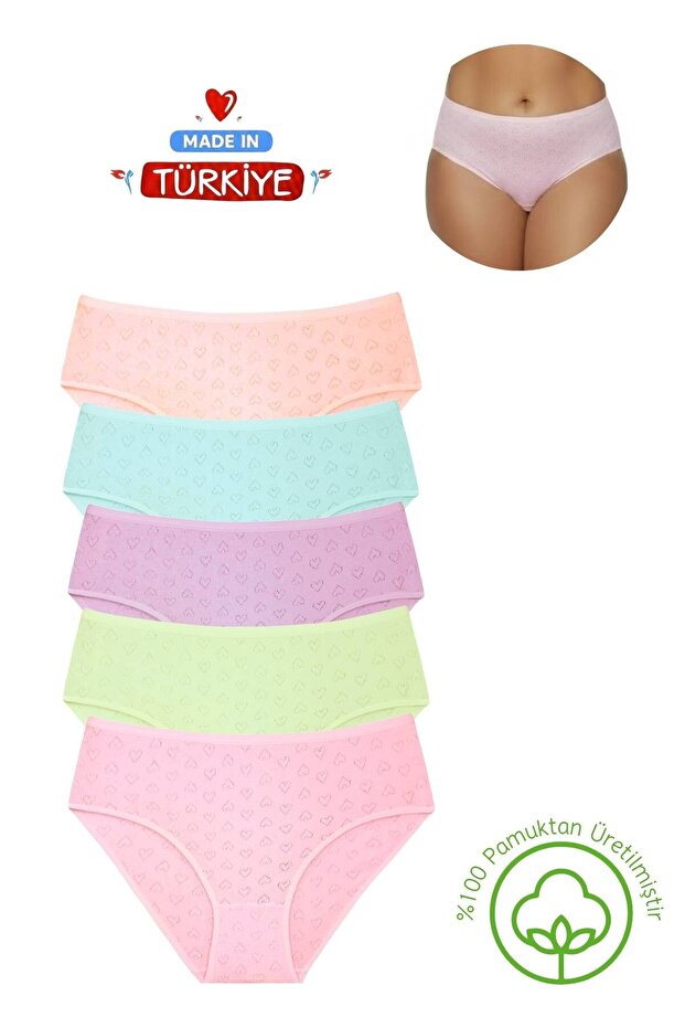 5-Pack 100% Cotton Heart Patterned Bato Panties - High-Waist & Comfortable Fit Daily Underwear