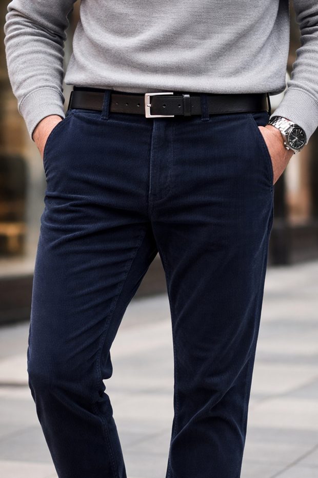 Men's Navy Blue Velvet Trousers with Ribbed Classic Cut and Pockets