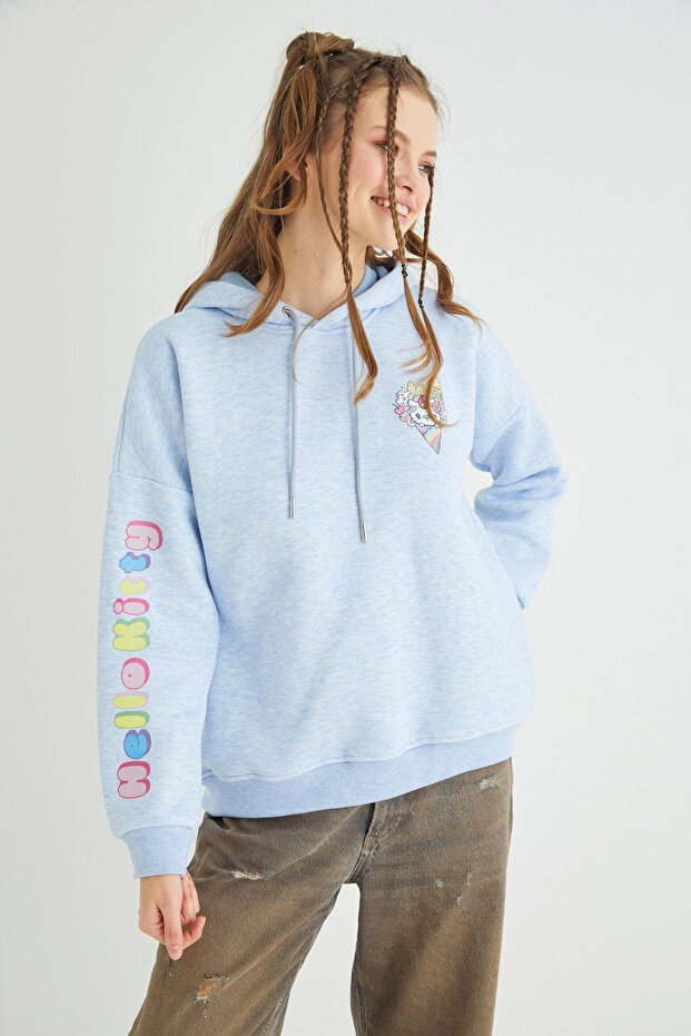 Lisanslı Baskılı Kapüşonlu Kalın Mavi Sweatshirt - 1