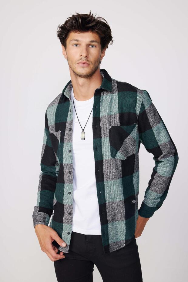 Slim Fit Long Sleeve Checked Double Pocket Winter Lumberjack Men's Shirt