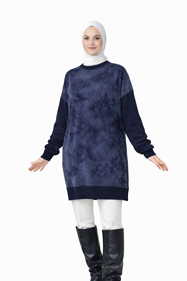 Navy Blue Silk Kupra Slit Mercerized Women's Knitwear Tunic
