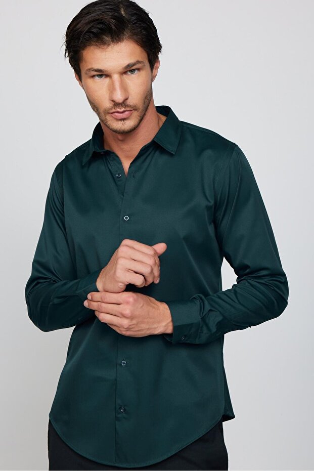 Slim Fit Long Sleeve Lycra Plain Stretch Green Men's Shirt