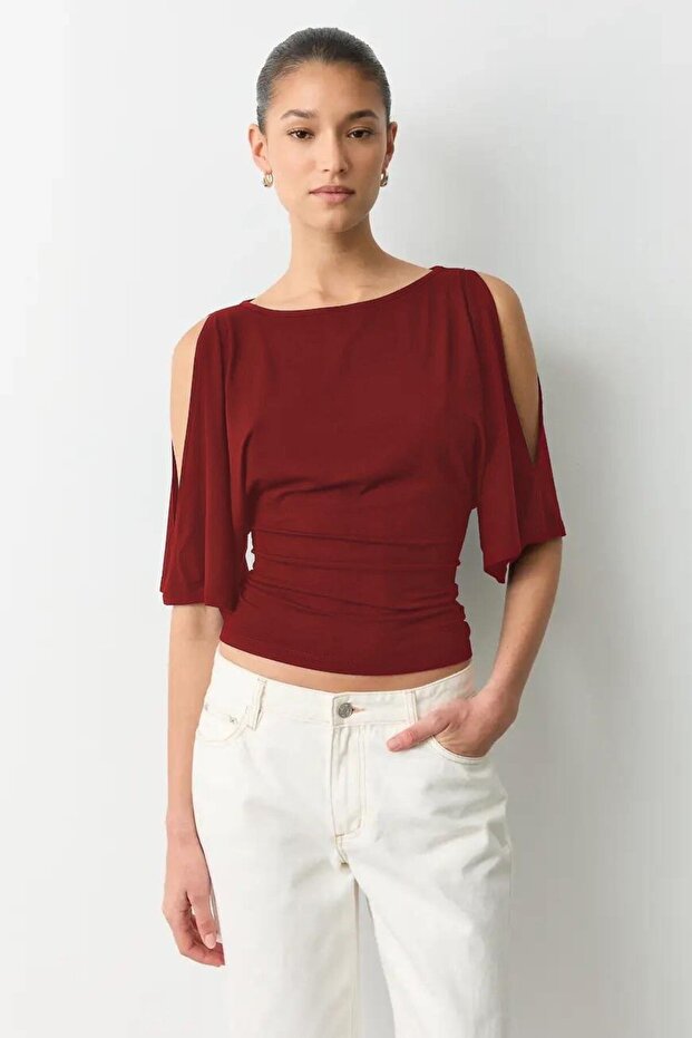 Burgundy Gathered Waist Bat Sleeve Open Shoulder Blouse Mg2672