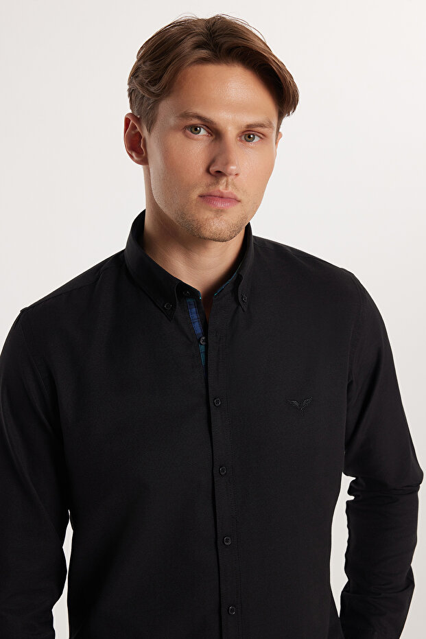 Men's Slim Fit Slim Fit Long Sleeve Cotton Oxford Texture Easy Iron Black Button Lapel Shirt