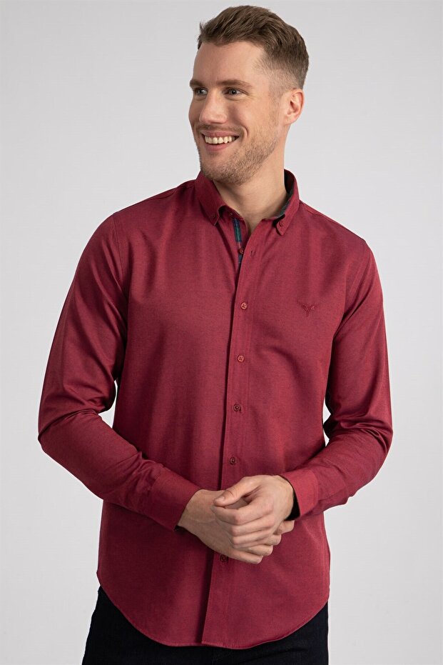 Men's Slim Fit Slim Cut Long Sleeve Cotton Oxford Texture Easy-Iron Fuchsia Button-Down Collar Shirt