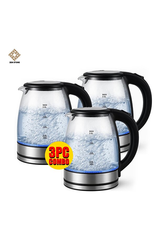 مجموعة من 3 قطع بتصميم عصري، غلاية كهربائية زجاجية أوتوماتيكية متقطعة