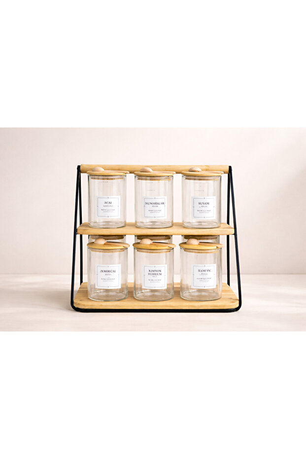 12-Piece Vacuum Bamboo Lid Spice Jar Set with 2-Tier Stand 250-300 ml 12-Piece Label Gift