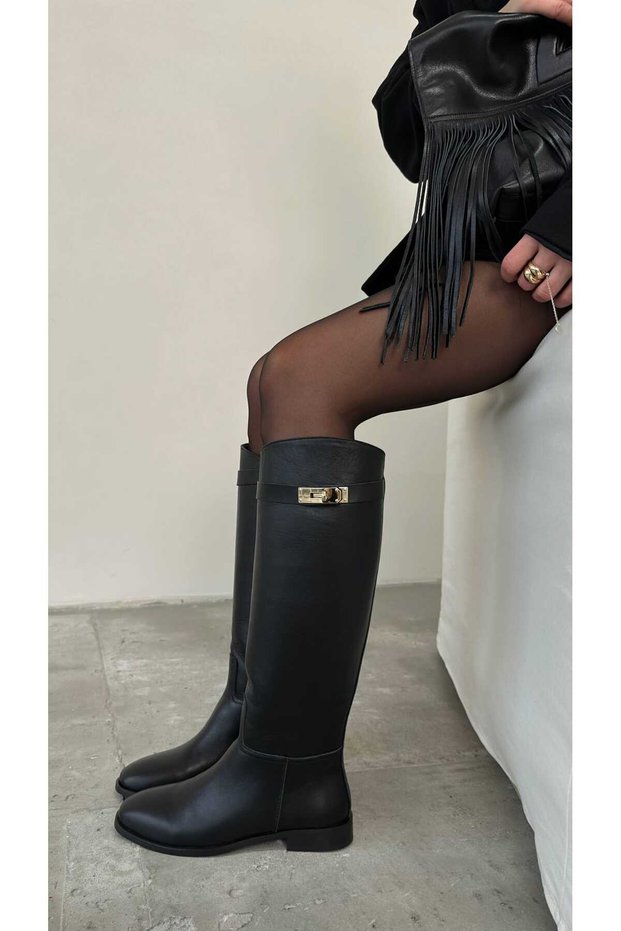 Mi Luz Binici Model Black Boots with Buckle Detail