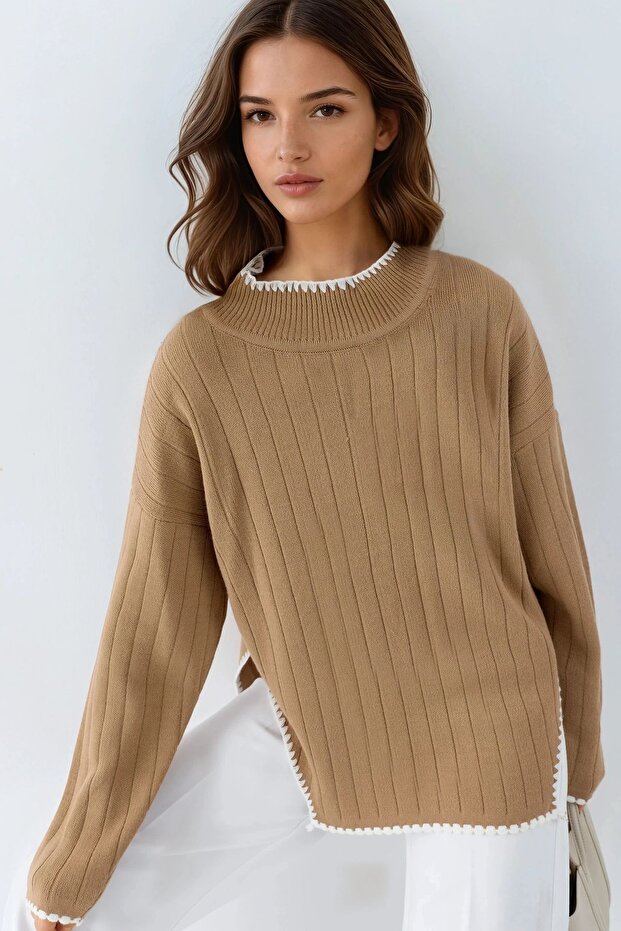My Fashion Stitch Detailed Mock Neck Oversized Knitwear Sweater