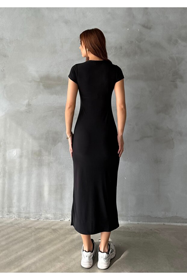 Rochie lungă flexibilă neagră pentru damă - 8