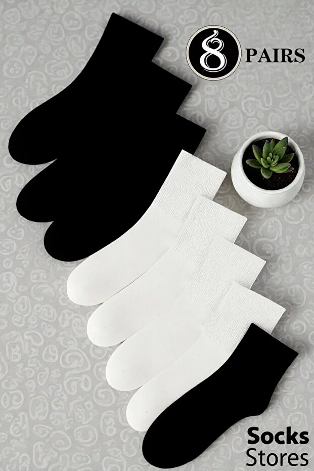 8 Pairs Unisex Black White Plain College Socks 8-Pack Cotton Women Men Socks (8 Pairs)