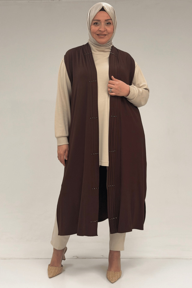 54005 Large Size Placket Pleated Wear-Out Vest - Brown