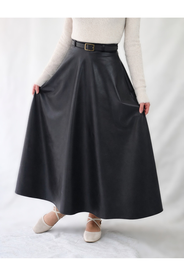 Black Leather High Waist Maxi Length Flare Skirt