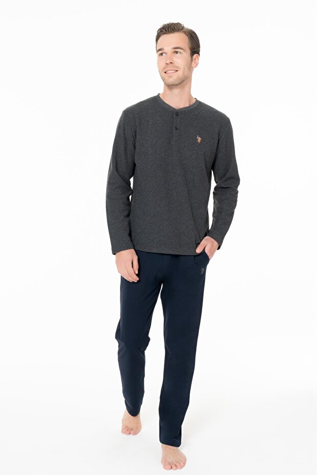 Men's Buttoned Collar Long Sleeve Winter Pajama Set-Anthracite-L
