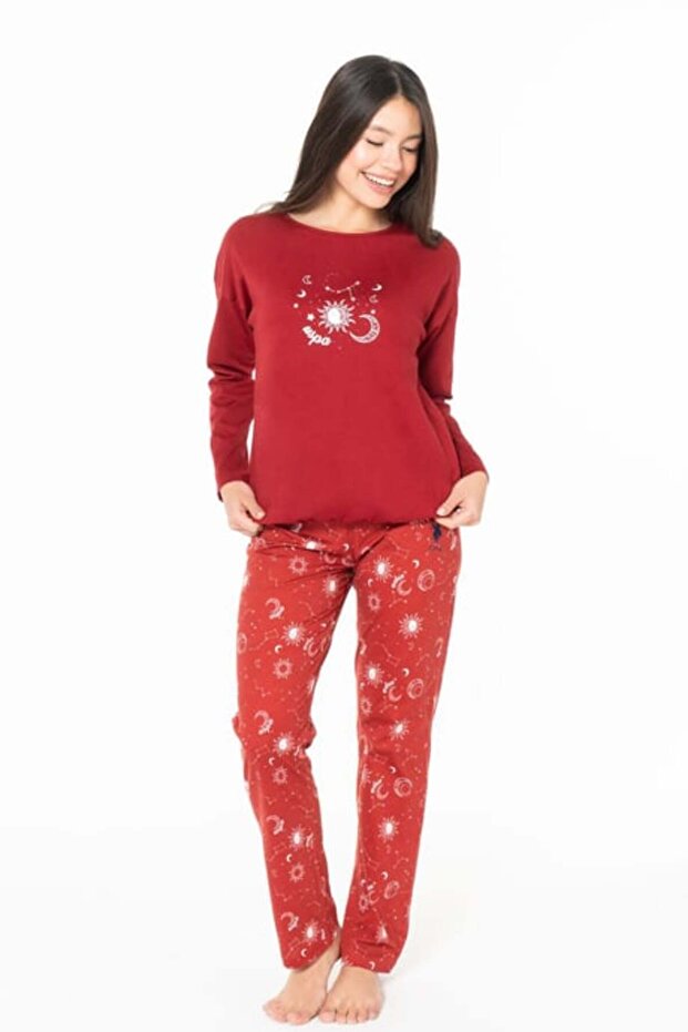 Crew Neck Long Sleeve Pajama Set Comfortable Cut S26155-Bordo-M