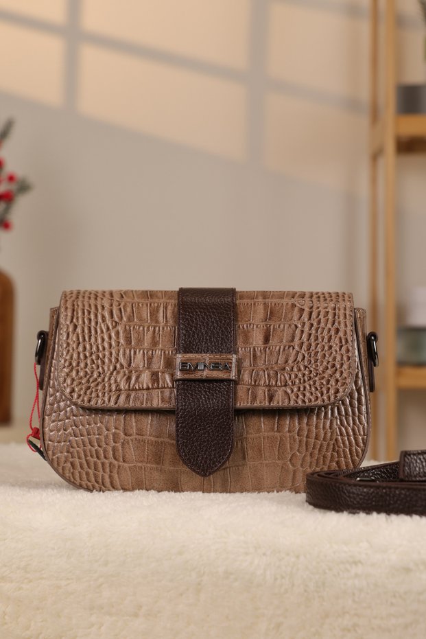 Crocodile Pattern Leather Bag with Shoulder Strap - 100% Genuine Leather - 40370