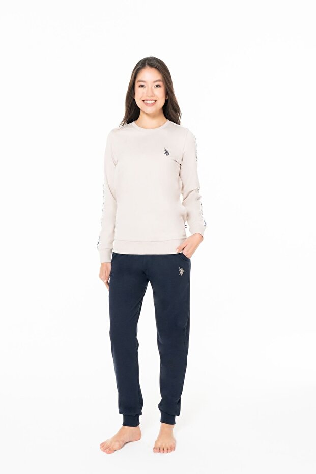 20120 Women's Beige Round Neck Long Sleeve Pajama Set