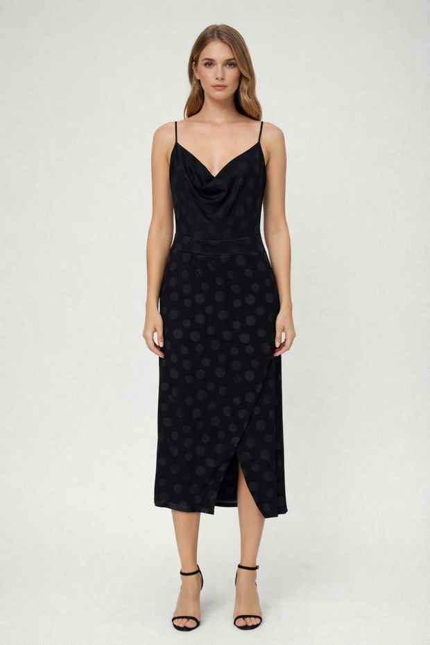 Puantiyeli Degaje Yaka Elbise - 1