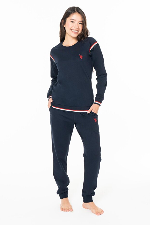 Women's 2 Thread Winter Long-Sleeved Tight-Fitting Home Wear Pajama Set-Dark Blue-S