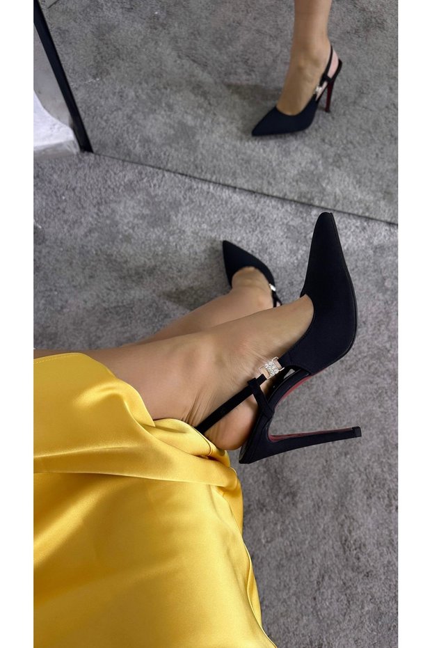 Buckle Detailed Black Matte Satin Women's Stiletto 10 cm Heel