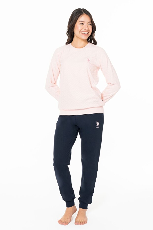 Women's Thin Fleece Crew Neck Long Sleeve Pajama Set with Leg Bands Comfortable Cut S2