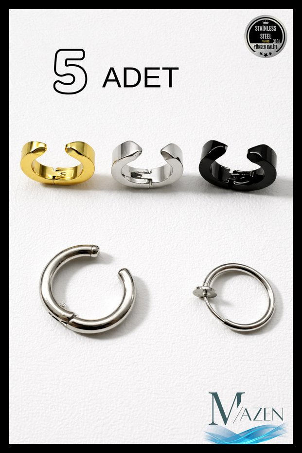 Set of 5 Steel Clip-On Men's Earrings - Fake Clip-On Earrings Suitable for Non-Pierced Ears