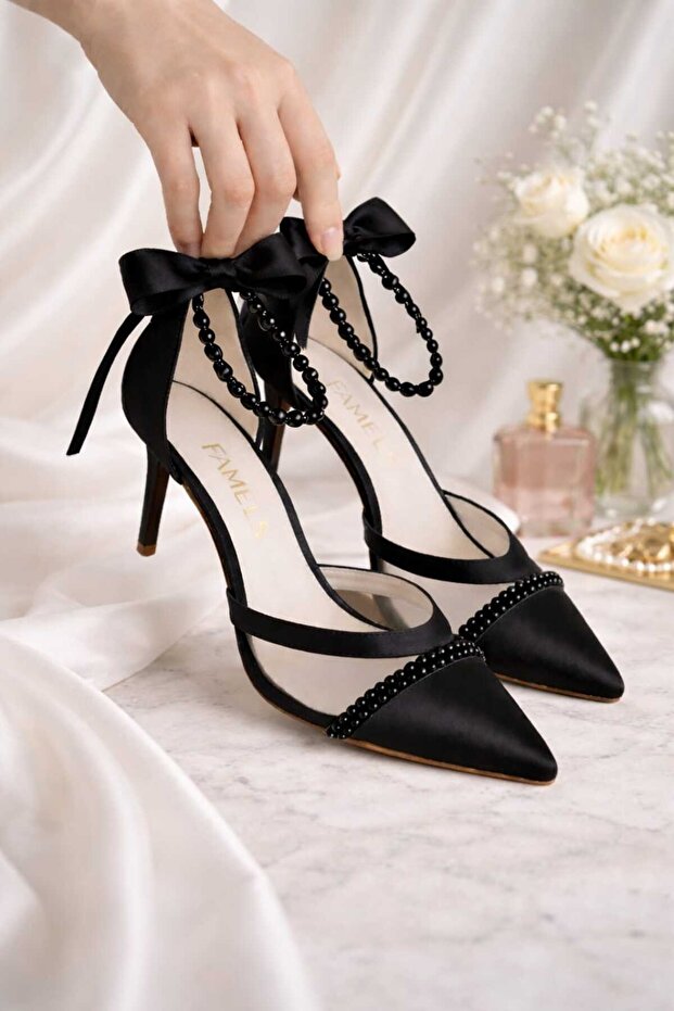 Milano 7 cm Heeled Shoes Black Satin with Pearls and Barettes, Mesh Evening Shoes