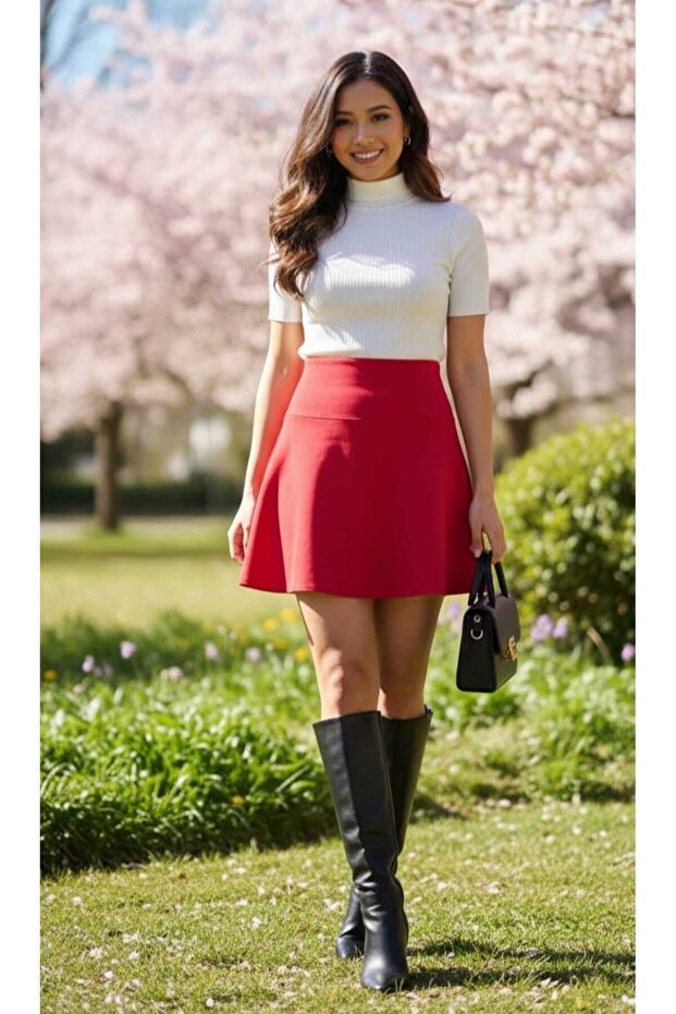 Above the Knee Red Thessaloniki Women's Flared Skirt High Waist Elastic Waist Casual Loose Comfortable Bell Model