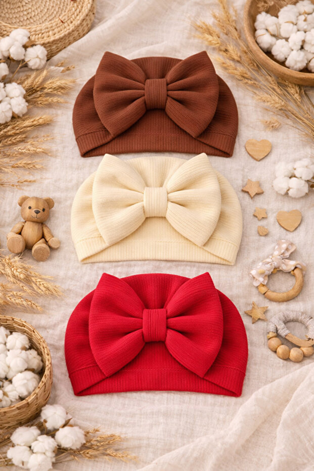 Double Layer Baby Bonnet with Bow, Set of 3 - Cream/Brown/Red