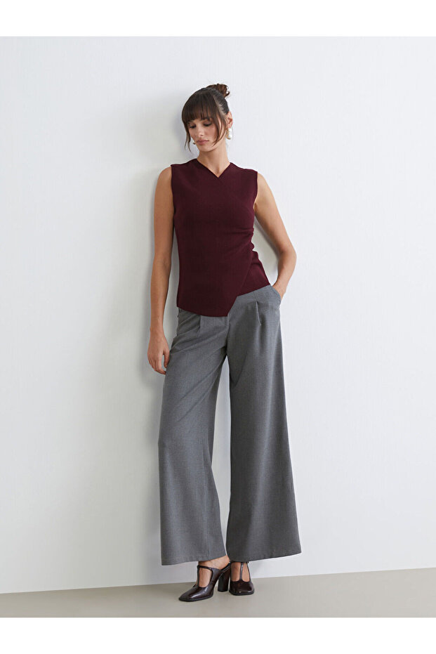 Gray Loose Fit Wide Leg Women's Pleated Pants