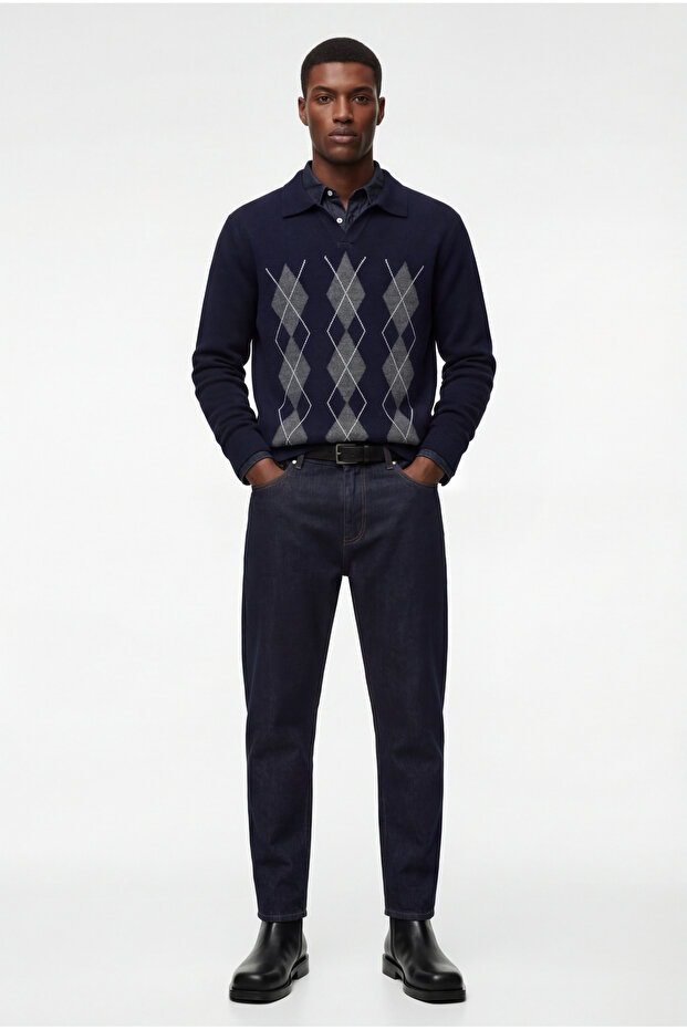 Regular Fit Long Sleeve Diamond Pattern V-Neck Polo Knitwear Sweater