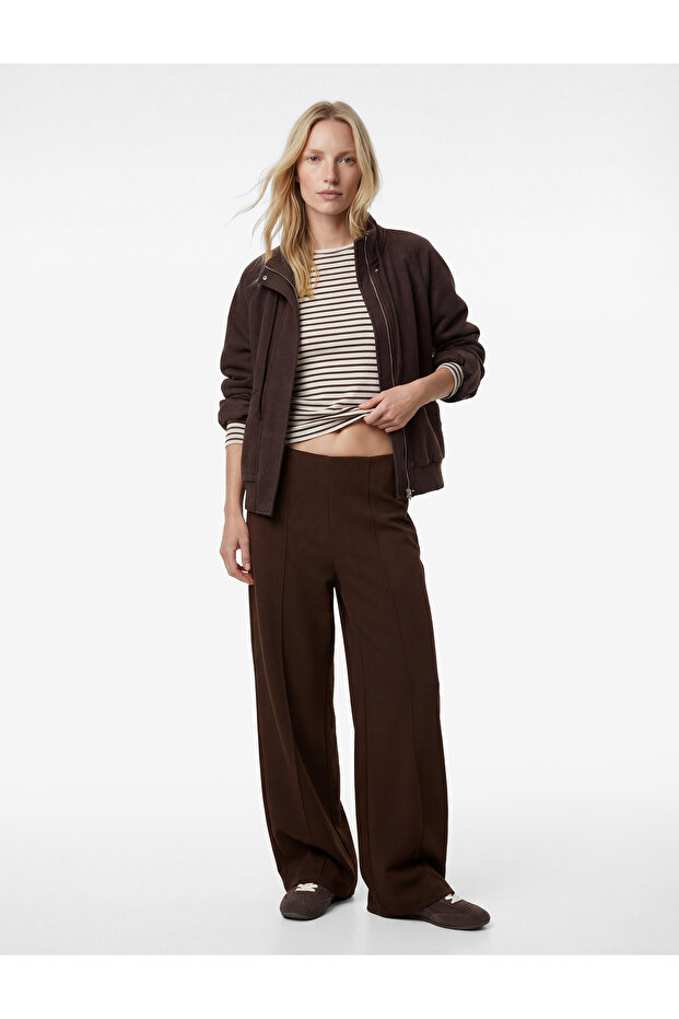 Ribbed Detail Brown Women's Trousers 6WAK40136EK