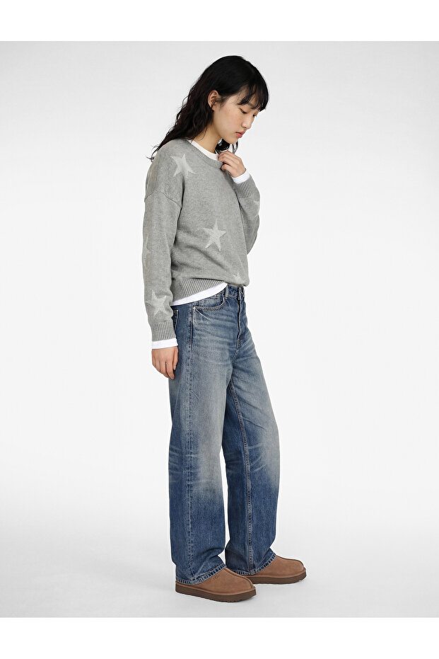 Star Patterned Long Sleeve Crew Neck Knit Sweater