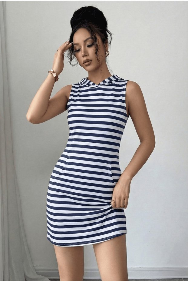 Women's Navy Blue Striped Hooded Kangaroo Pocket 2 Thread Knitted Fabric Hidden Zipper Sports Dress