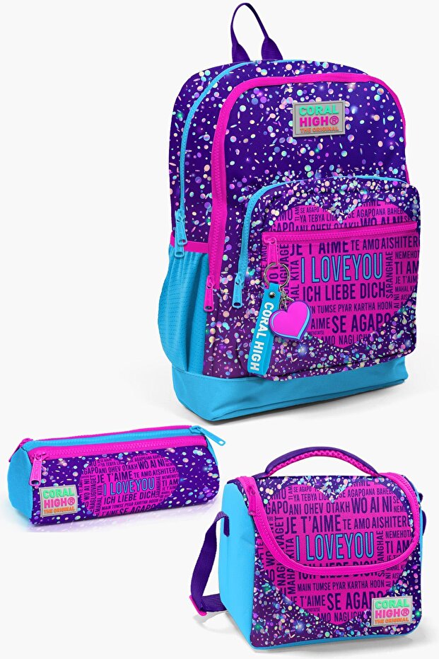 Kids Purple Blue Pink Heart Patterned 3-Piece School Bag Set SET0123740
