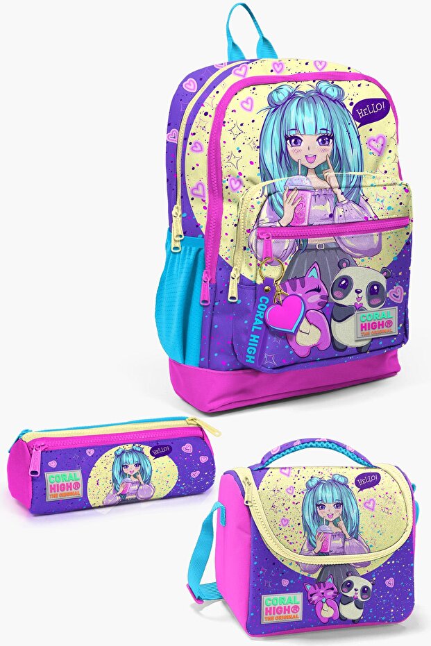 Kids Purple Pink Anime Girl Patterned 3-Piece School Bag Set SET0123735