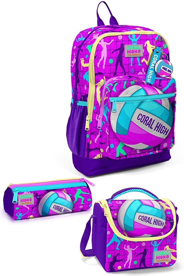 Kids Pink Purple Volleyball Patterned 3-Piece School Bag Set Set0123761
