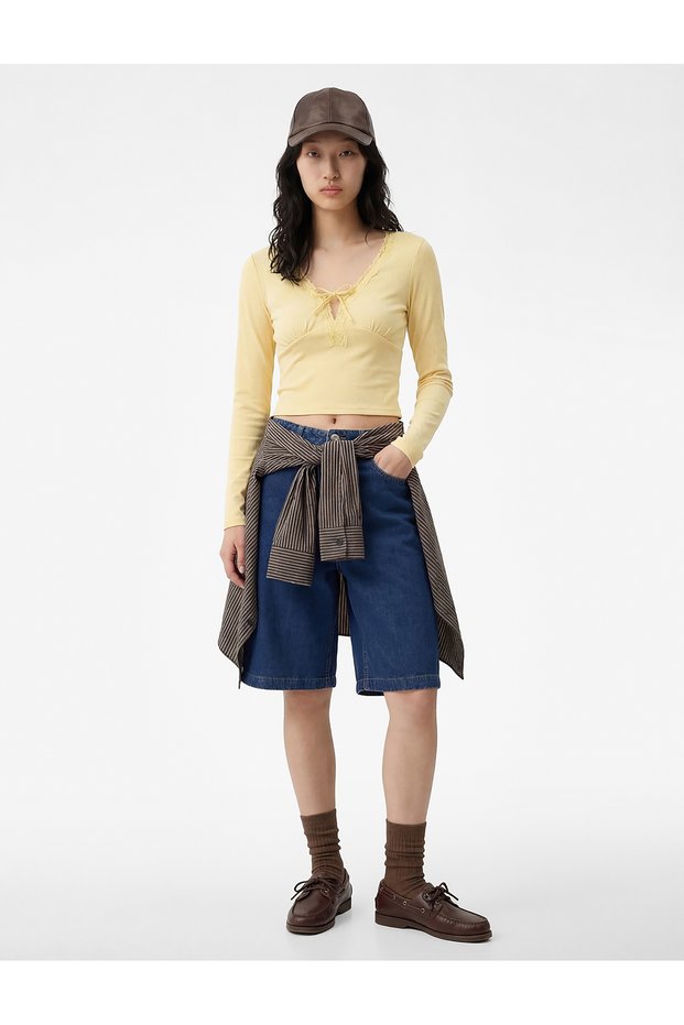 Lace Detailed Tie-Up V-Neck Slim Fit Cotton Long Sleeve T-Shirt