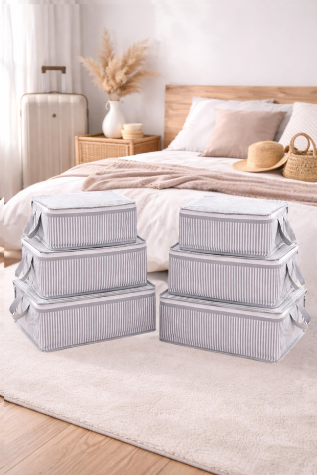 6-Piece Travel Suitcase Organizer Set Without Mesh – Pouch and Bag Set - Gray Striped