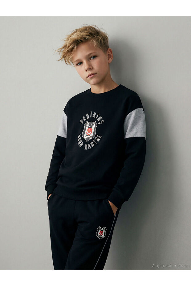 Lcw Kids Black Crew Neck Printed Boy Sweatshirt