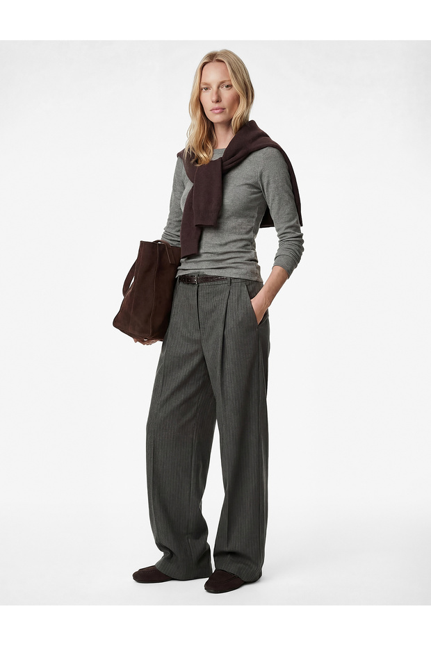 Flannel Fabric Pleated Detailed Belted Striped Wide Leg Trousers