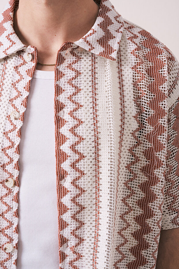 Etnik Desenli Oversize Örme Gömlek - 3