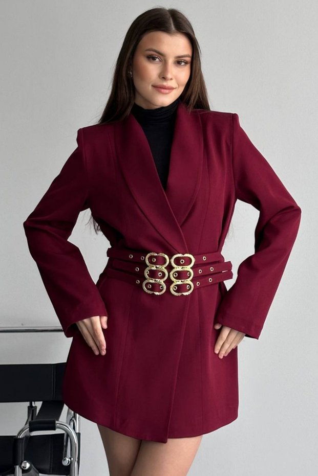 Women's Stylish Double-Breasted Lapel Padded Shoulders Gold Belt Detail Blazer Jacket