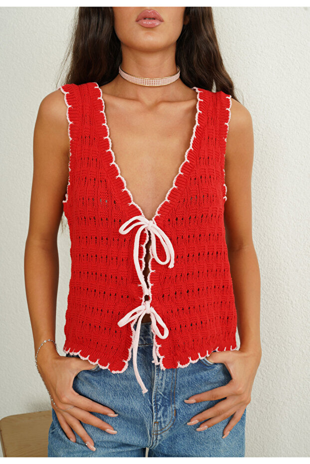 Kırmızı Orj Model Örme Yelek - 7