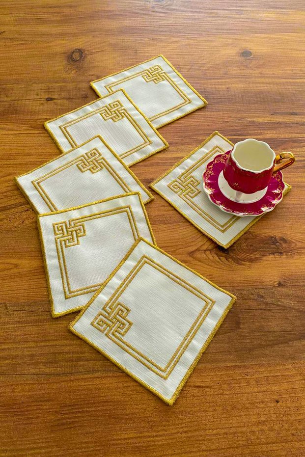 İnci 6-Piece Special Embroidered Linen Coffee Serving Napkin, Coffee Cocktail Napkin-Gold