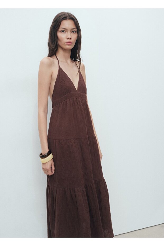 V yakalı pamuklu elbise - 1